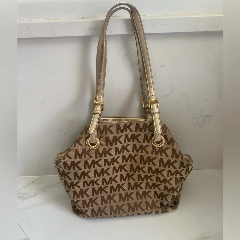 Michael Kors Brown and Gold Tote Bag with Signature MK Design - Picture 8 of 16